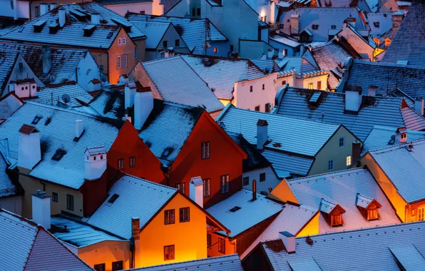 Picture winter, light, snow, the city, home, the evening, morning, roof, Czech Republic