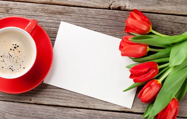 Picture love, flowers, coffee, bouquet, Cup, hearts, tulips, red, love, wood, flowers, cup, romantic, hearts, tulips, …