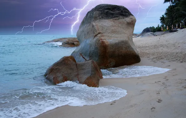 Picture sand, sea, the storm, beach, the sky, clouds, stones, palm trees, shore, zipper, Thailand, Koh-Samui