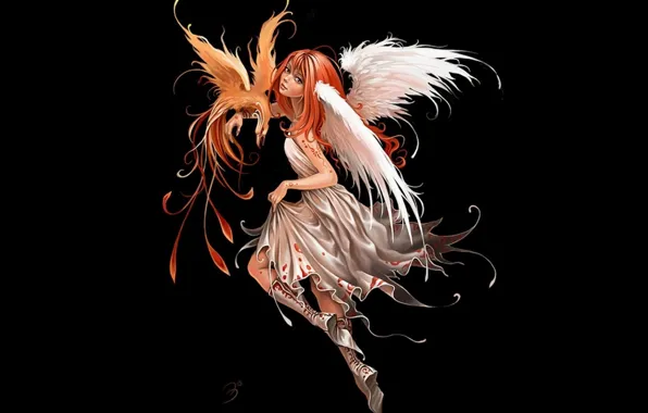 Picture elf, wings, fairy, red, black background, Phoenix, white dress