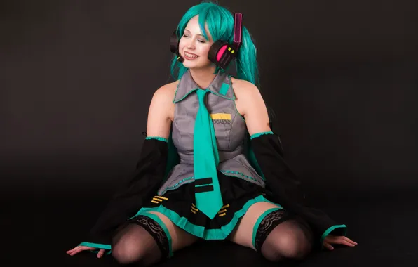 Picture girl, face, smile, style, stockings, headphones, form, legs, Hatsune Miku, Vocaloid, cosplay