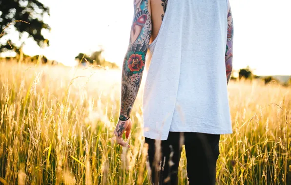 Picture field, grass, light, tattoo, male, guy, tattoo