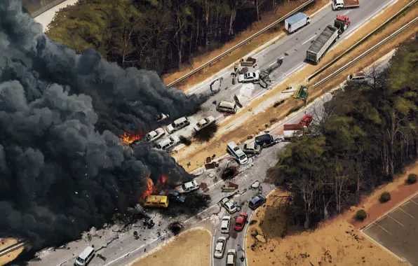 Picture crash, smoke, track, disaster, clash, cars, region screen interstate