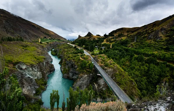 Picture road, trees, mountains, river, New Zealand, canyon, the view from the top, Queenstown