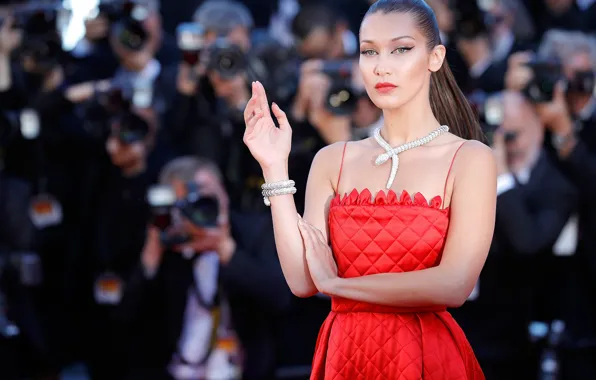 Picture look, girl, decoration, red, model, makeup, dress, Bella Hadid