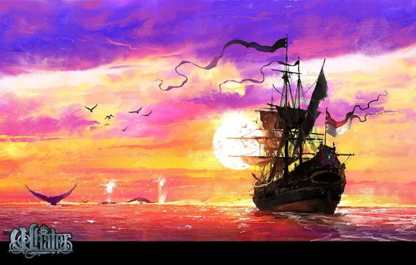 Picture sea, birds, ship, Sunset, The Whaler