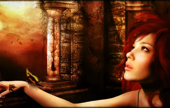 Picture butterfly, tears, Digital Art, redhead girl, all_i_can_think_about_is_you_by_brandrificus, brandrificus
