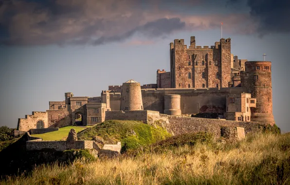 Picture the sky, grass, the sun, clouds, castle, wall, England, tower, Bamburgh Castle, Northumberland