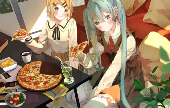 Picture table, glass, plant, pillow, mug, blouse, drink, vocaloid, two, Hatsune Miku, pizza, Kagamine Rin, Vocaloid, …