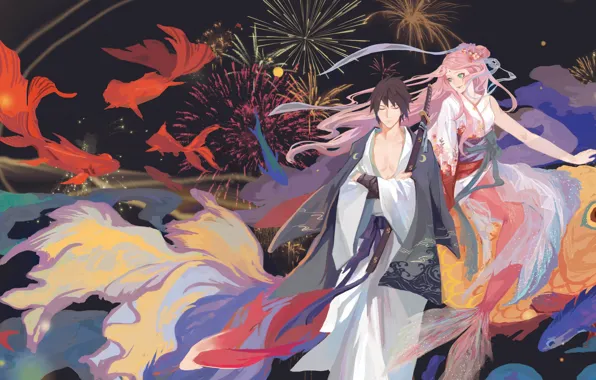 Picture Naruto, katana, mermaid, Uchiha Sasuke, Haruno Sakura, kimono, by translucent body, japaese