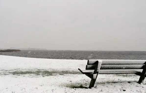 Picture winter, sea, snow, shore, bench