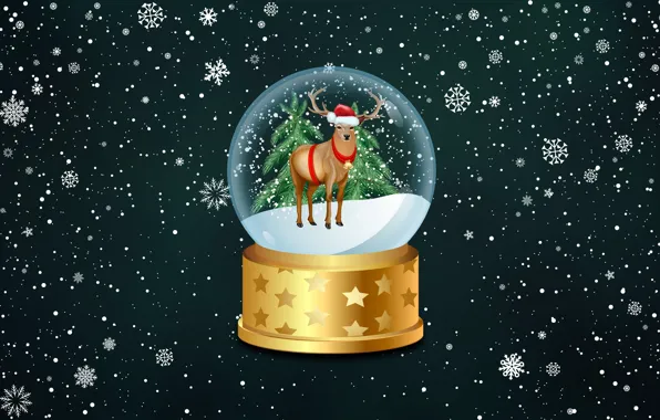 Picture Winter, Minimalism, Snow, Christmas, Ball, Deer, Snowflakes, Background, New year, Holiday, Glass globe
