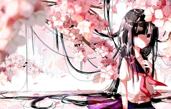 Picture water, branches, petals, Sakura, schoolgirl, flowering, long hair, tears, bangs, sailor, Kantai Collection, Haruna