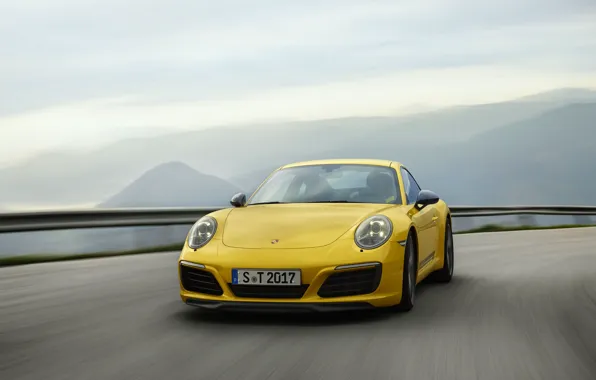 Picture road, the sky, asphalt, mountains, yellow, Porsche, 2018, 911 Carrera T, 370 HP