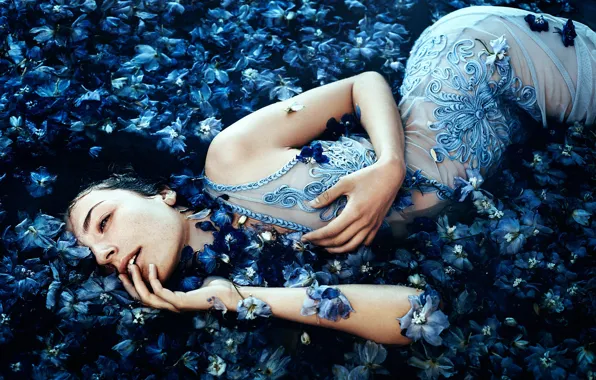 Picture girl, flowers, in the water, Bella Kotak, A sea of blue flowers, Ella Grace Denton
