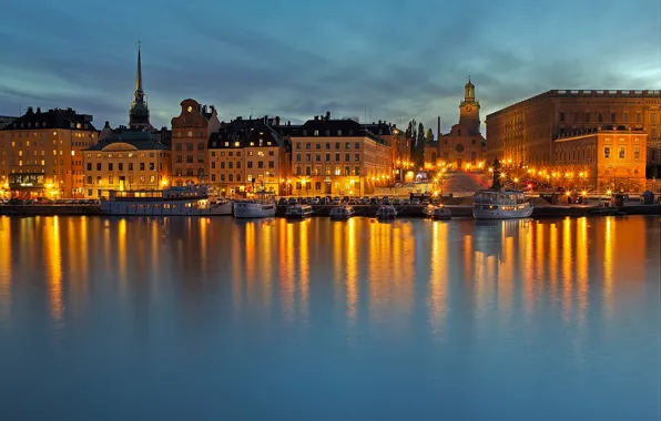 Picture sea, night, lights, home, Stockholm, Sweden, promenade