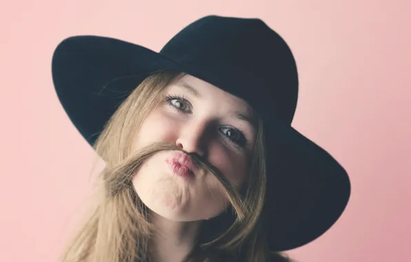 Picture mustache, girl, face, emotions, hair, hat, girl, hat, face, hair, mustache, emotions