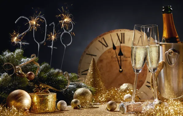 Picture decoration, night, balls, watch, tree, New Year, glasses, champagne, 2018, New Year, decoration, Happy