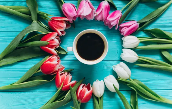 Picture flowers, coffee, colorful, Cup, tulips, pink, white, white, fresh, wood, pink, flowers, beautiful, tulips, coffee …