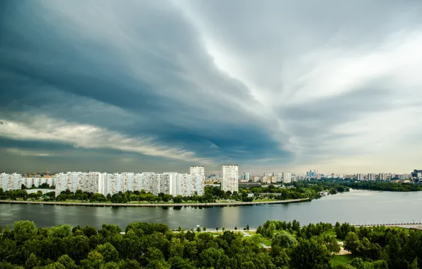 Picture the sky, clouds, trees, river, home, Moscow, Russia