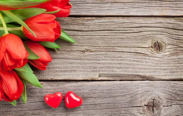 Picture love, flowers, bouquet, hearts, tulips, red, love, wood, flowers, romantic, hearts, tulips, Valentine's Day, gift
