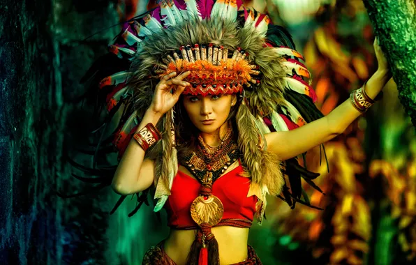 Picture girl, decoration, nature, portrait, feathers, makeup, costume, image, Asian, bright colors, waist, Indian, woman