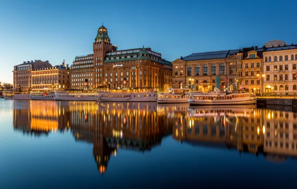 Picture water, lights, reflection, river, building, home, the evening, Stockholm, Sweden, promenade, piers, ships