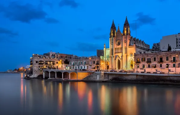 Picture water, lights, reflection, building, Cathedral, Malta, Valletta