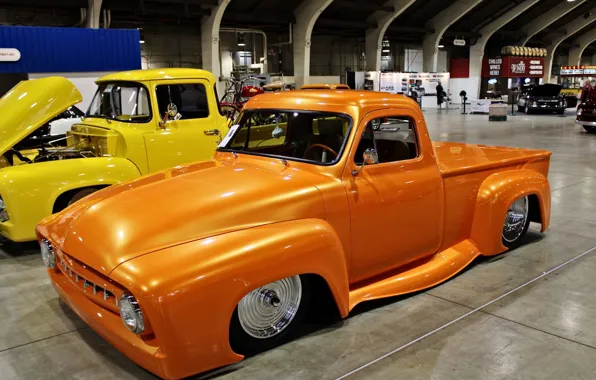Picture 1953, yellow, custom, orange, pickup, old car, Ford F-100