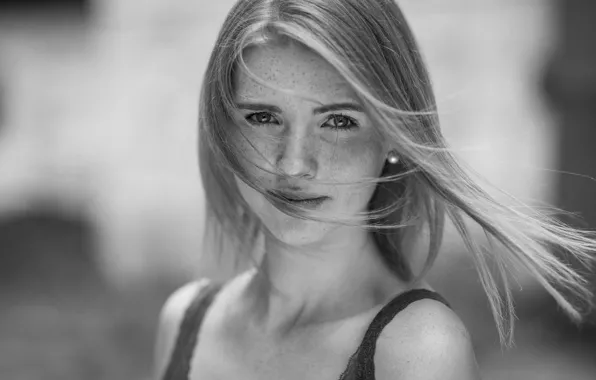 Picture look, face, the wind, hair, portrait, black and white, freckles, monochrome, Oliver Photo Classic, Michelle …