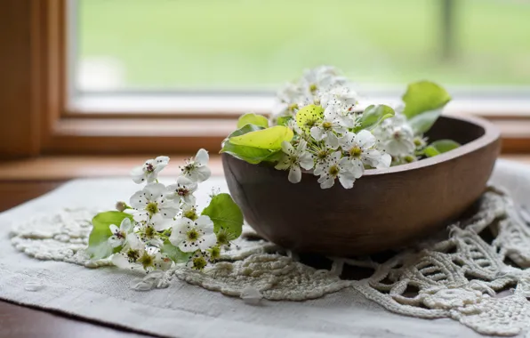 Picture pear, bowl, flowering, napkin, flowers pear