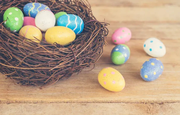Picture basket, eggs, spring, colorful, Easter, wood, spring, Easter, eggs, decoration, Happy, tender