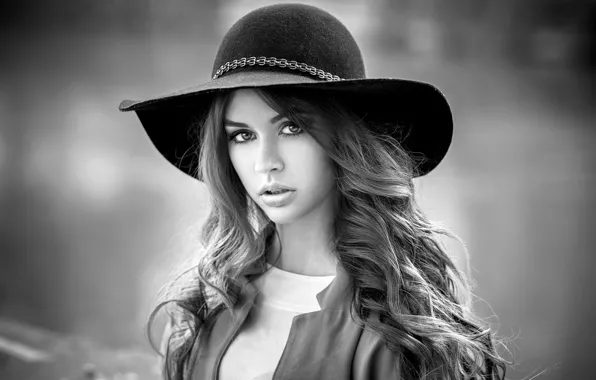 Picture look, girl, background, model, portrait, hat, makeup, hairstyle, black and white, beautiful, Melissa, bokeh, Lods …