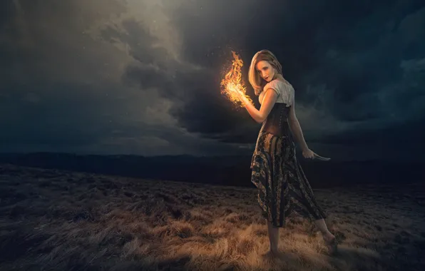 Picture girl, fire, magic, knife