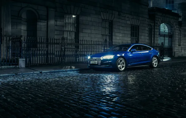 Picture Audi, Night, Blue, Street, Car, 2.0, Sportback, 2017, S line, Metallic, TDI quattro