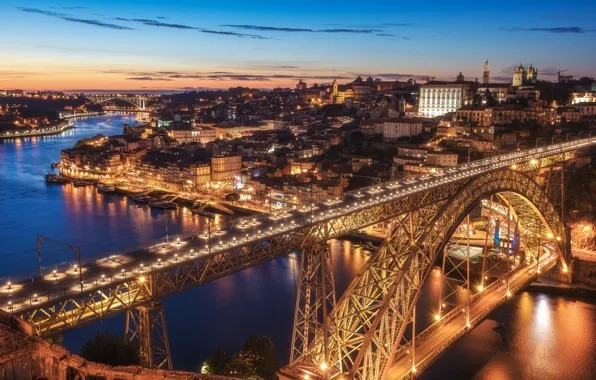 Picture sunset, bridge, river, Portugal, night city, Portugal, Vila Nova de Gaia, Porto, Port, the river …