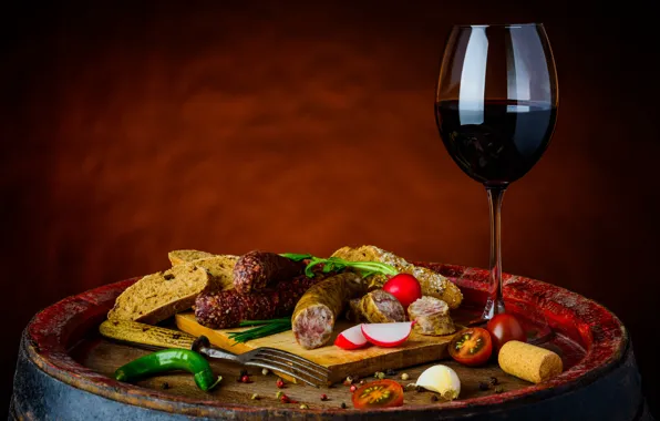 Picture greens, background, wine, glass, bread, tube, Board, plug, barrel, tomatoes, sausage, spices, garlic, radishes