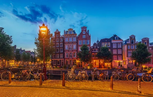 Picture the sky, clouds, trees, bridge, lights, home, boats, the evening, Amsterdam, lights, channel, Netherlands, bikes
