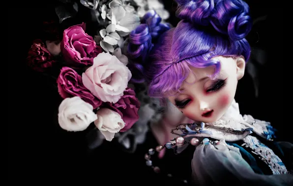 Picture girl, flowers, eyelashes, darkness, the dark background, background, black, hair, toy, portrait, roses, bouquet, doll, …