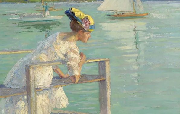 Picture girl, boat, picture, sail, On The Dock, Edward Cucuel, Edward Cucuel