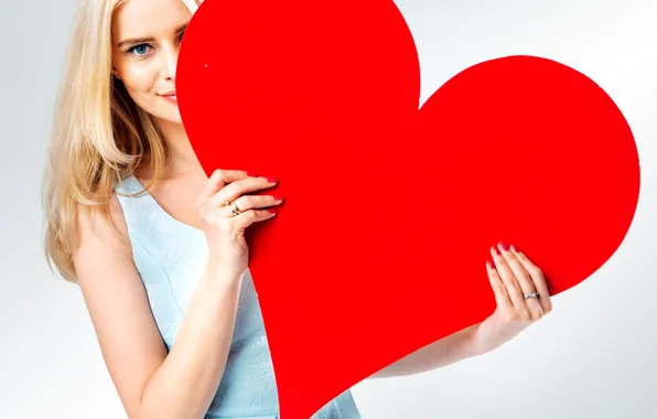 Picture red, heart, makeup, dress, hairstyle, blonde, white background, beauty, Valentine's day, large