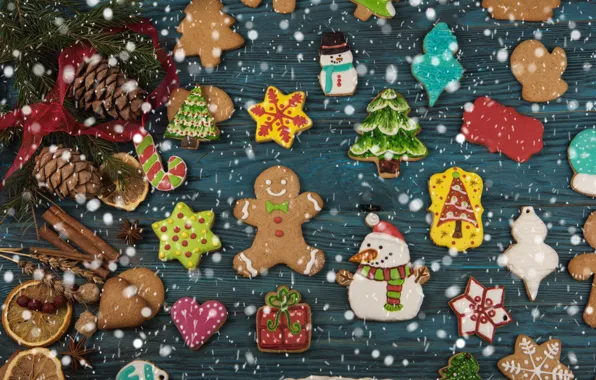 Picture snow, New Year, cookies, Christmas, wood, Merry Christmas, cookies, decoration, gingerbread, gingerbread