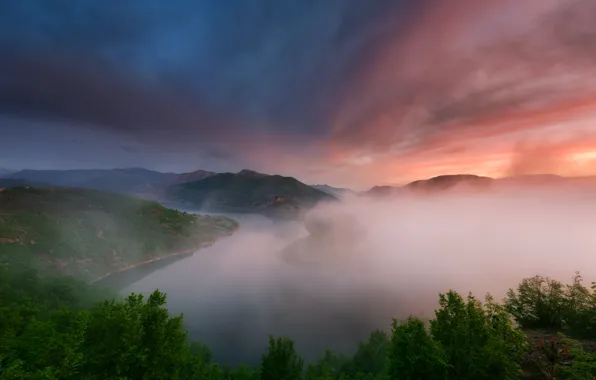 Picture light, mountains, nature, fog, river, the evening, morning