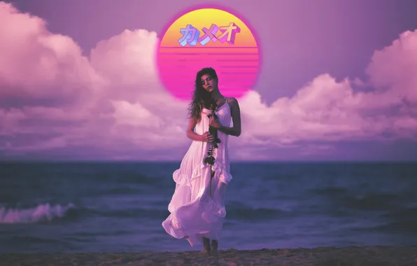 Picture Sea, Beach, Girl, Rose, Music, Dress, Synthpop, Darkwave, Synth, Retrowave, Synth-pop, Synthwave, Synth pop
