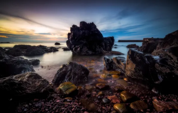 Picture sea, sunset, stones, rocks, coast, Scotland, Scotland, Morayshire