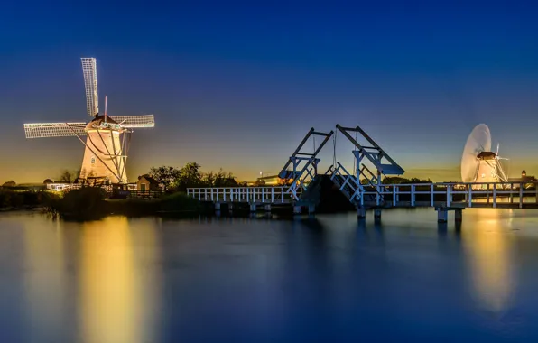 Picture night, bridge, lights, channel, Netherlands, windmill, Kinderdijk
