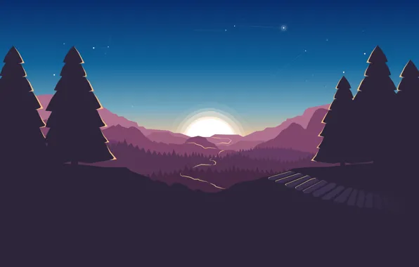 Picture Sunset, The sun, Mountains, The game, Forest, Hills, Landscape, Art, Campo Santo, Firewatch, Low Poly, …
