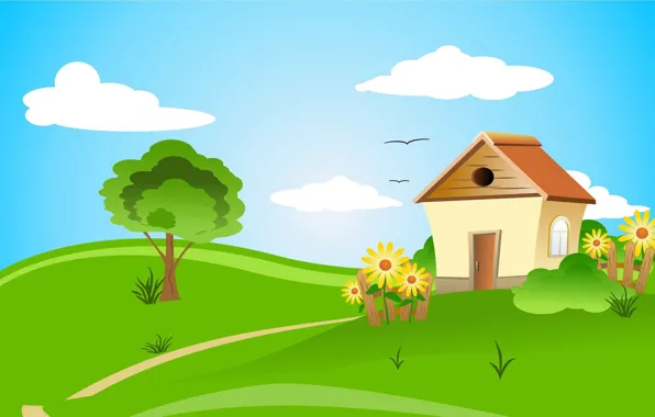 Picture clouds, flowers, birds, house, vector