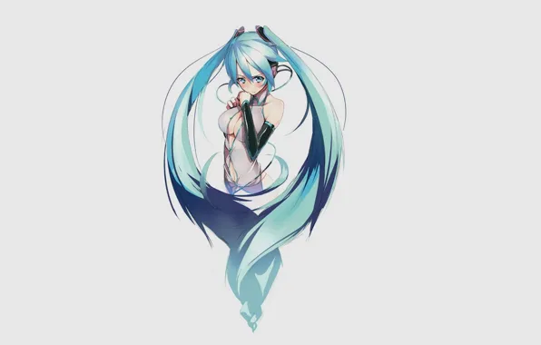 Picture blue eyes, grey background, vocaloid, hatsune miku, long hair, Vocaloid, Hatsune Miku, two tails