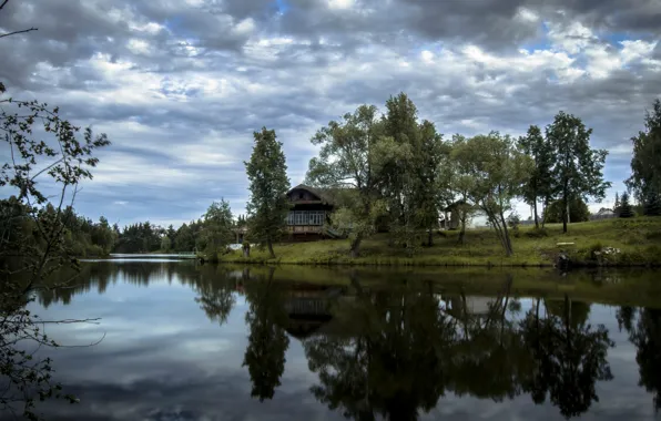 Picture clouds, trees, house, reflection, river